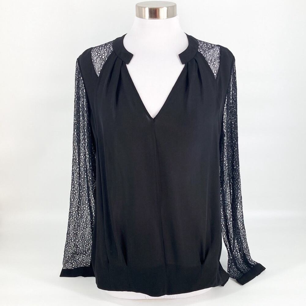 Anthropologie Leifsdottir Womens Black Silk Chiffon  Lace Sleeve Blouse 14 New